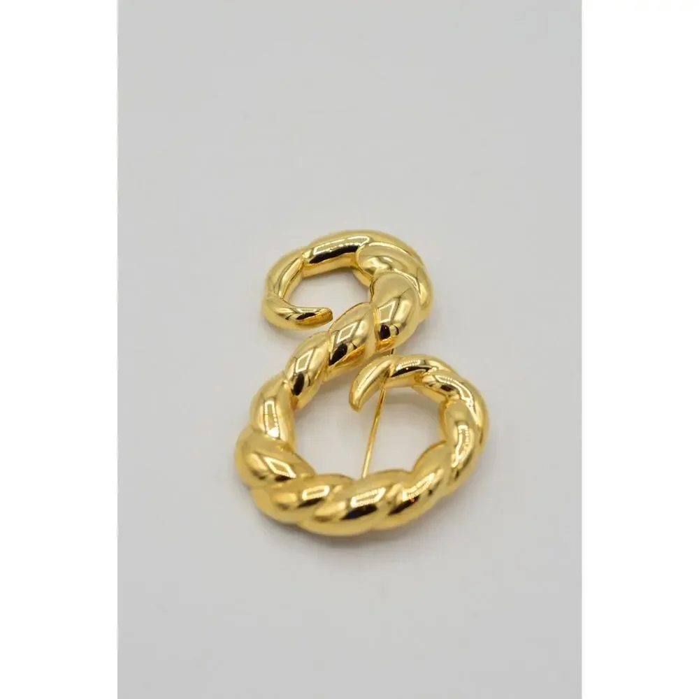 Vintage Rope Pin Brooch Gold Tone Metal Twisted Chunky Abstract 1980s 9B